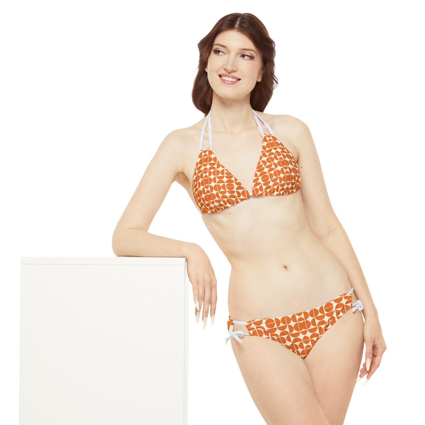 Orange & Cream Retro Pattern Bikini - Strappy Vintage Swimsuit - Retro Summer Beachwear - Unique Swimwear for Women