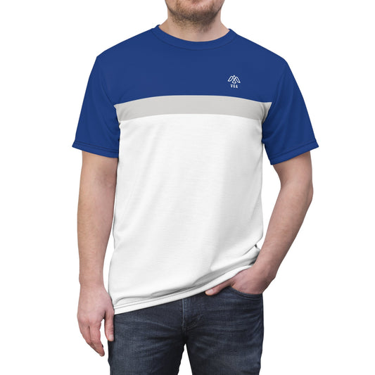 Retro Royal Blue, Grey, White Bold Stripe T-Shirt - Vintage Guy Fashion - Nostalgic Men's Shirt - Classic Striped Tee - Timeless Guy Apparel